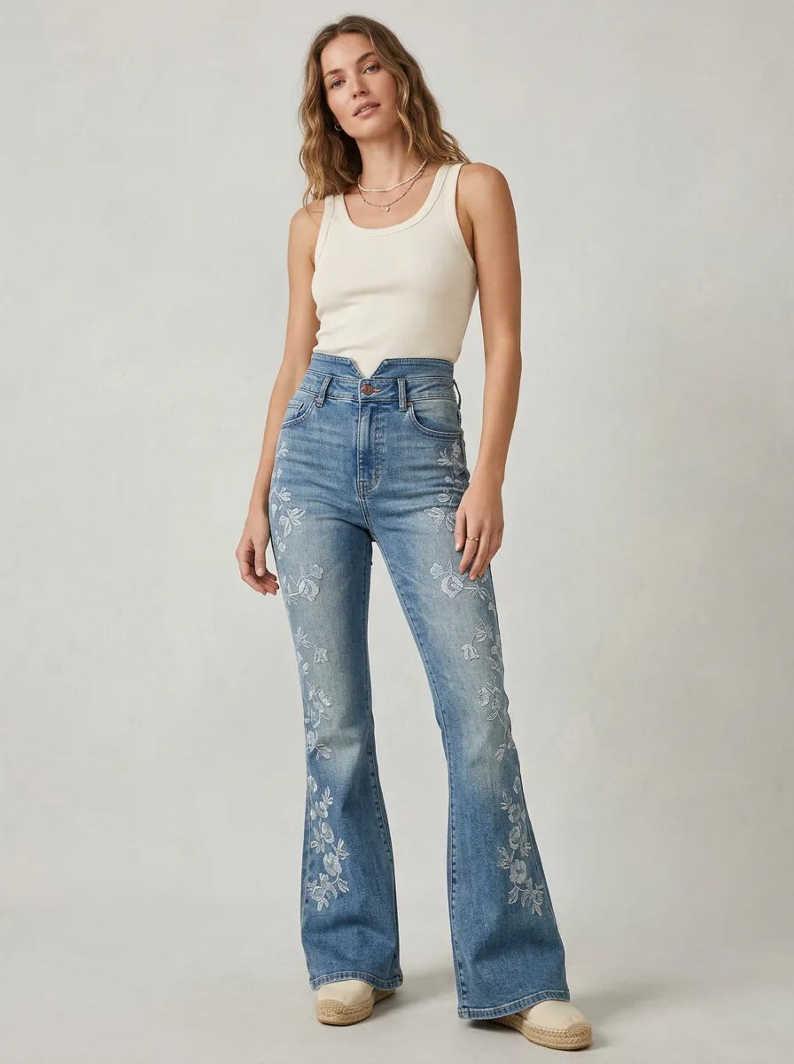 Women's Festival Inspired Floral Embroidery Floral High-Rise Flare Jeans