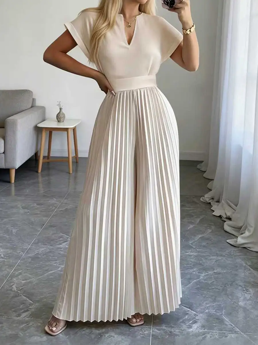 Losse Jumpsuits Met Korte Mouwen Geplooide Effen Kleur