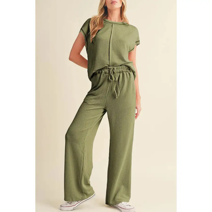 Solid Corded Short Sleeve Top and Casual Pants Set