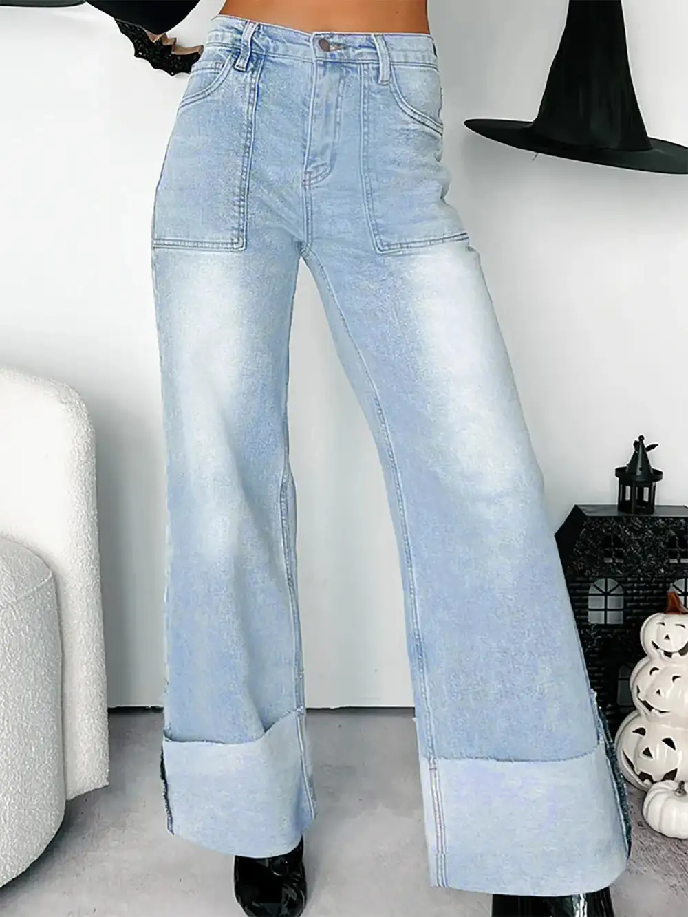 High Waisted Wide Leg Cuffed Hem Denim Jeans