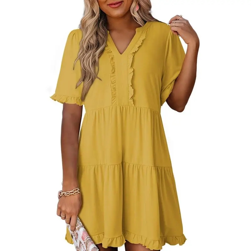 Womens Dresses 2025 Summer Spring V Neck Ruffle Short Sleeve Casual A-Line Flowy Swing Shift Dress Mini Dress
