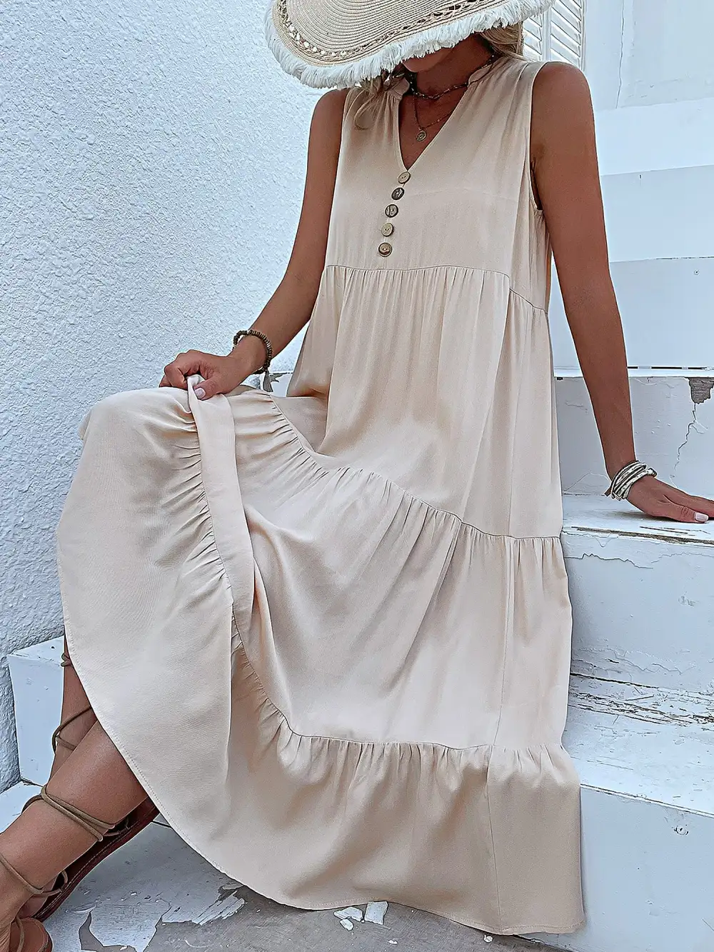 Notch-Neck Buttoned Sleeveless Tiered Midi Dress