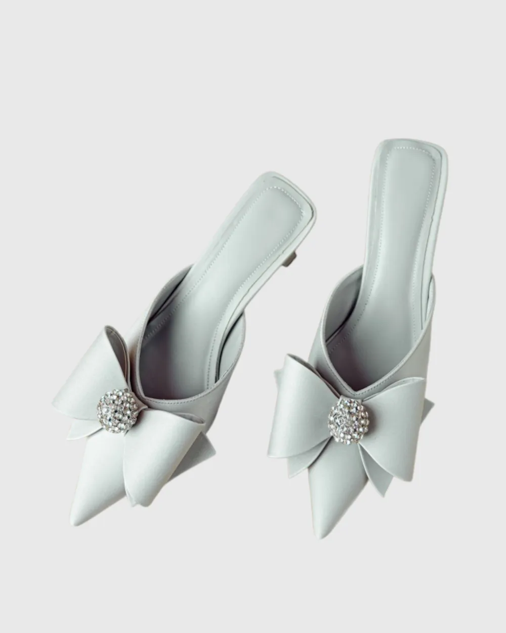 Bow Kitten Heel Mules Silver