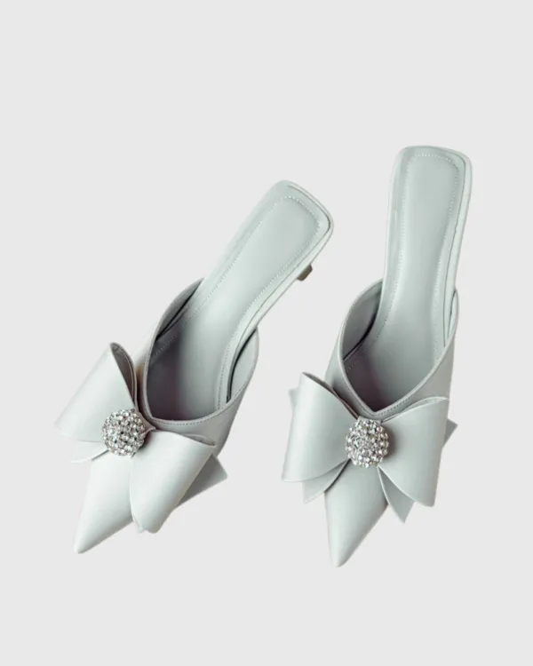 Bow Kitten Heel Mules Silver