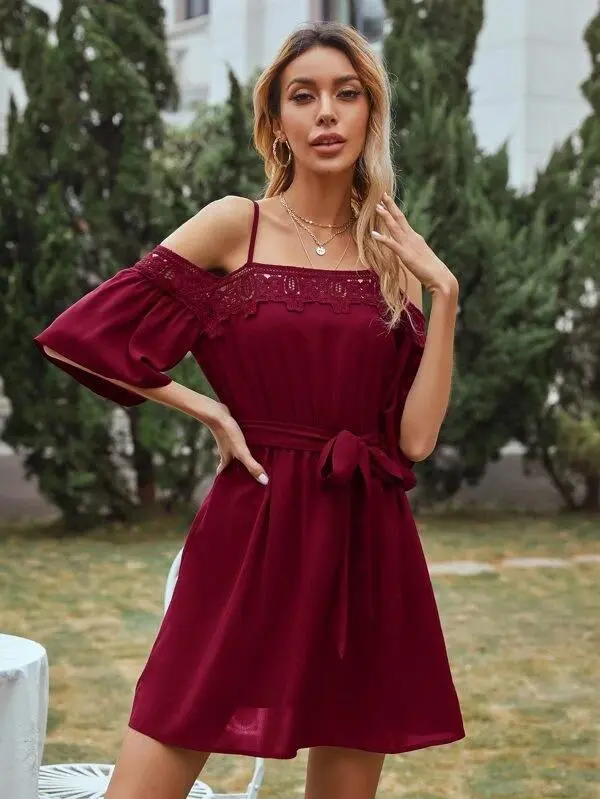 Women Solid Cold Shoulder Belted Dress