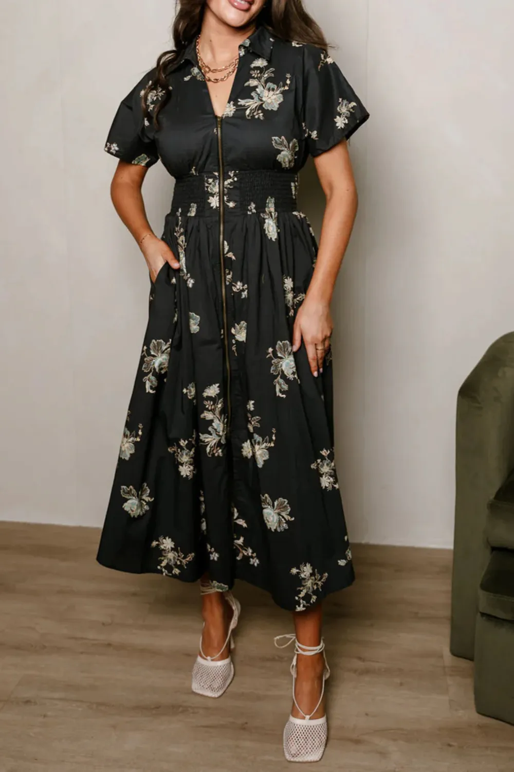 Smocked Zip Up Floral Dress