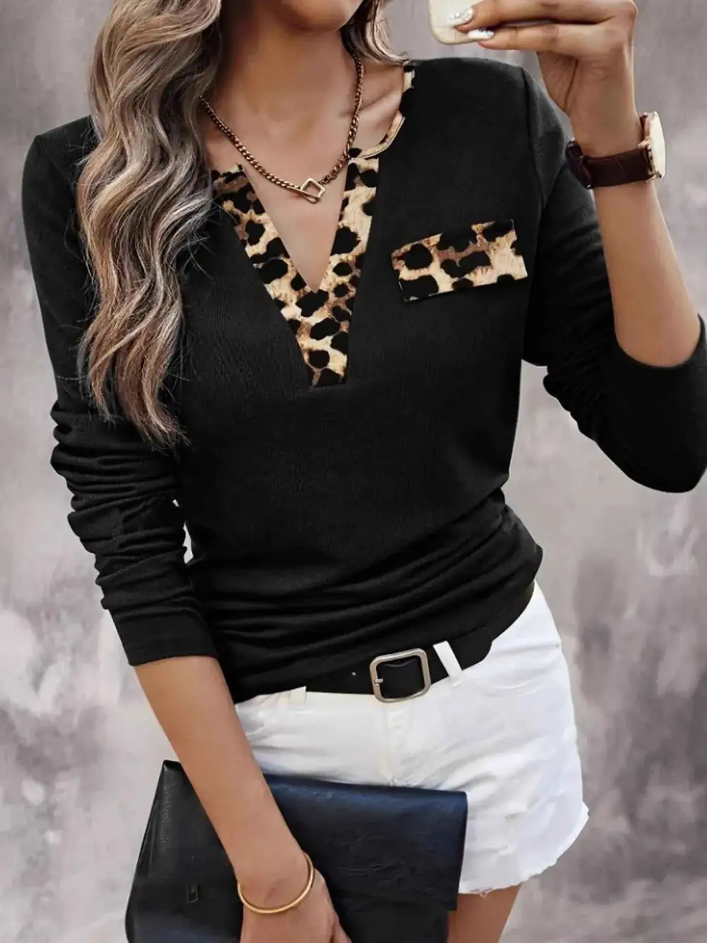 Leopard Trim Long Sleeve T-Shirt