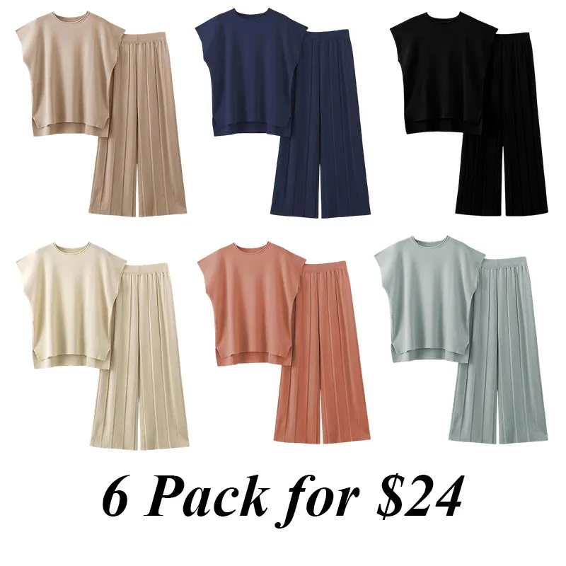6PACK/9PACK-Knit Pullover Tops High Waisted Pants Outfits