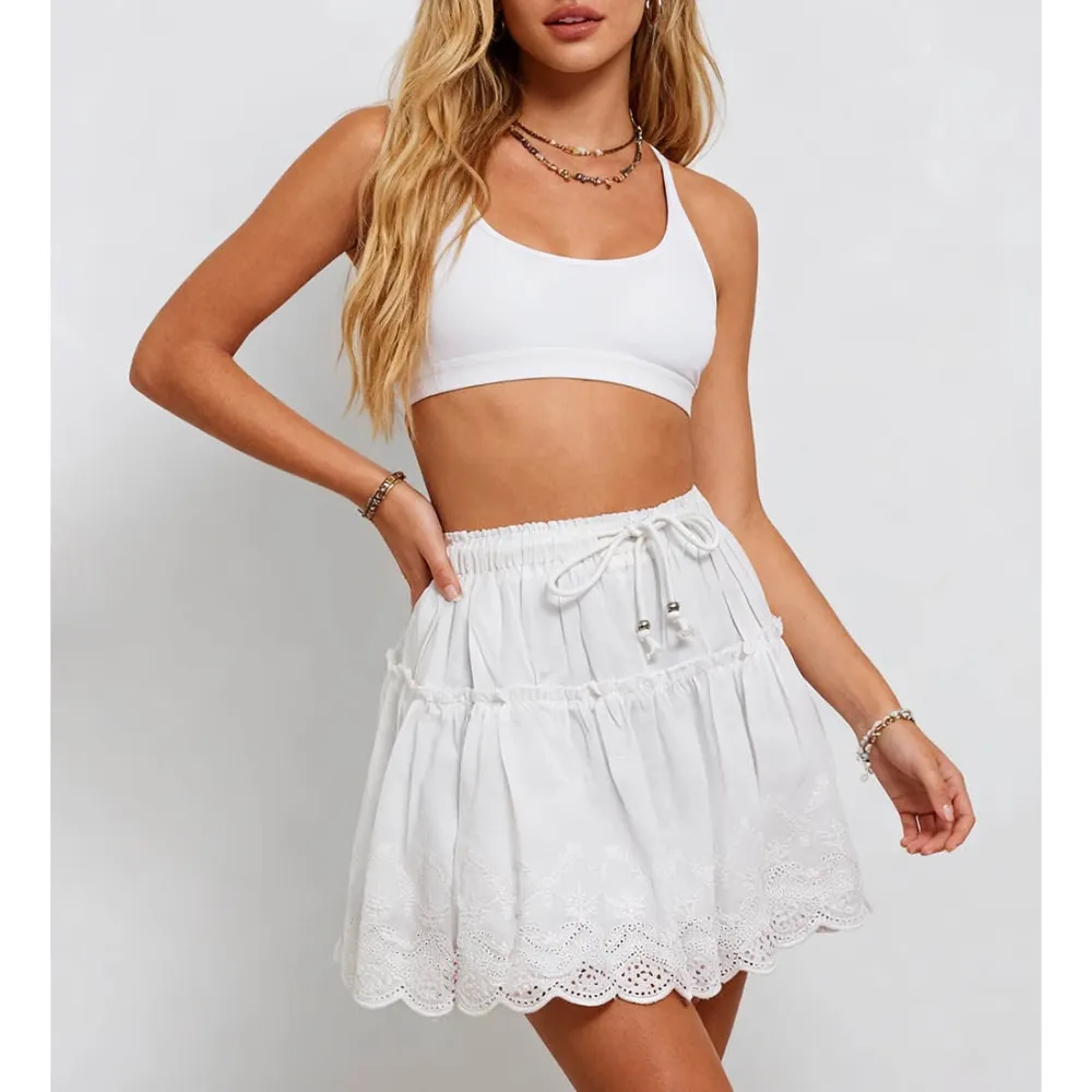 Eyelet Front Elastic Waist Mini Skirt