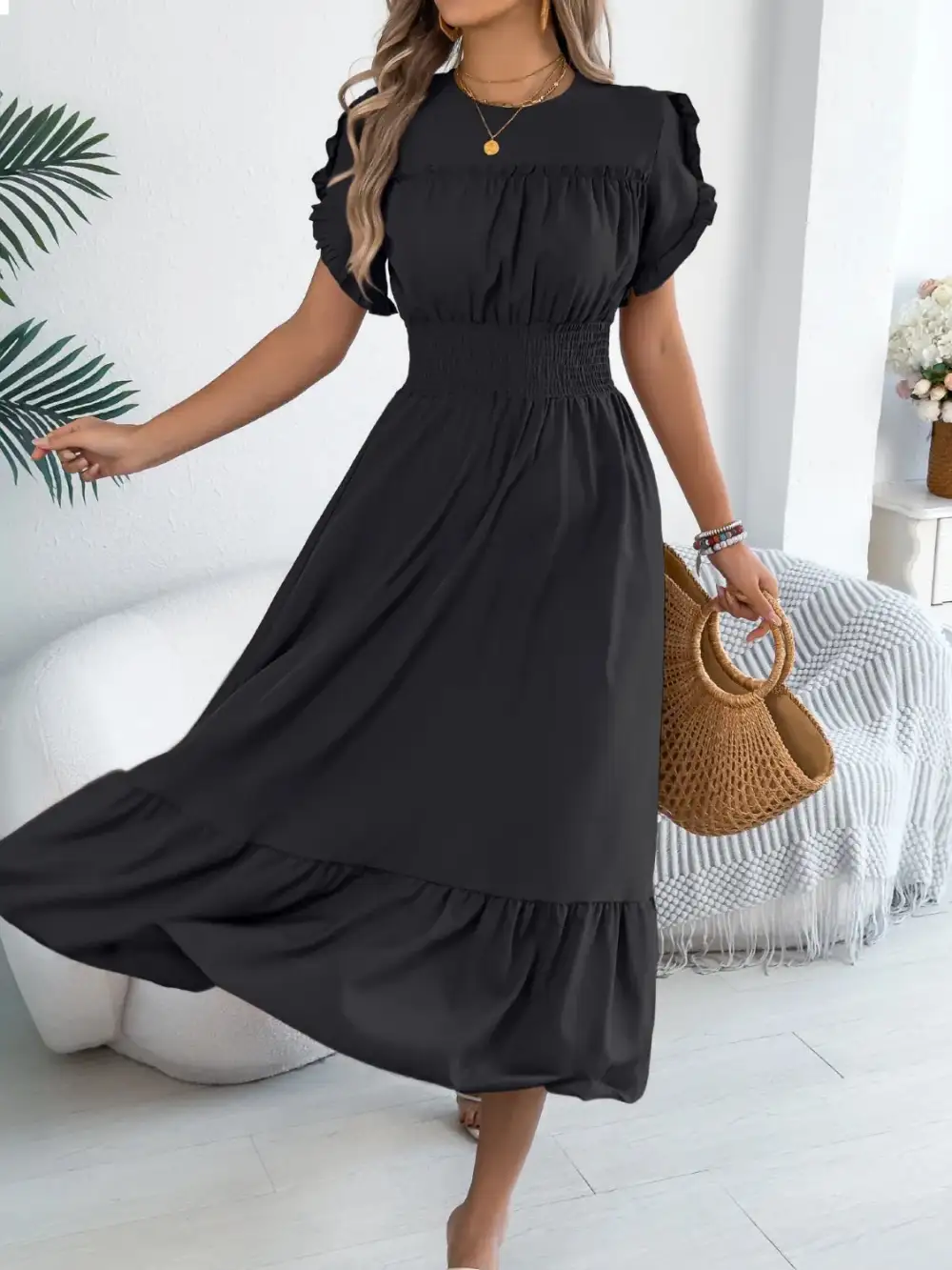 Crew Neck Ruffled Smocked Midi Dress
