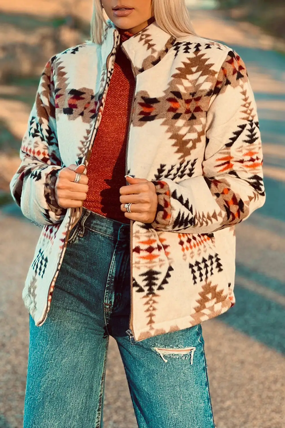 Aztec Printed Stand Neck Zip-Up Jacket