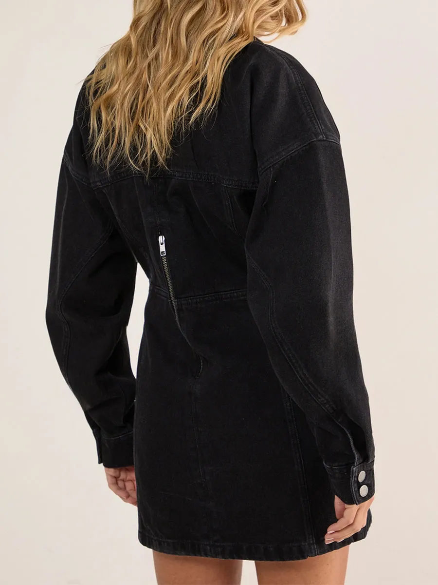 Women's Black Waist-Cinched Denim Shirt Dress