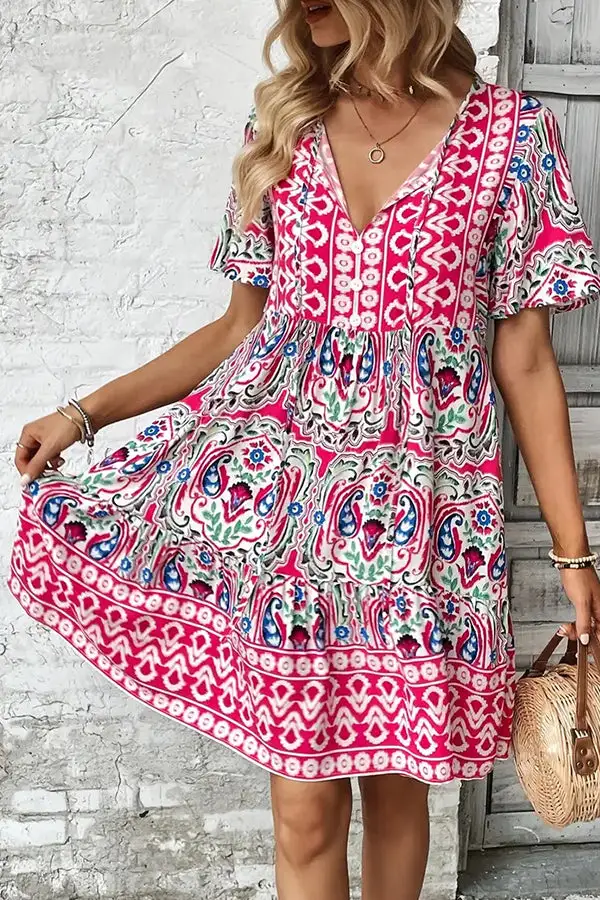 V Neck Button Casual Mini Dress