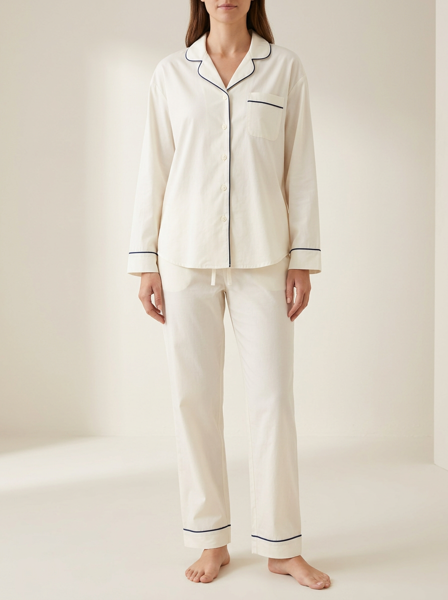 Women's Piped Chest-Pocket Drawstring Pajama Set