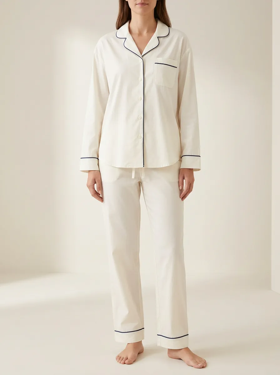 Women's Piped Chest-Pocket Drawstring Pajama Set