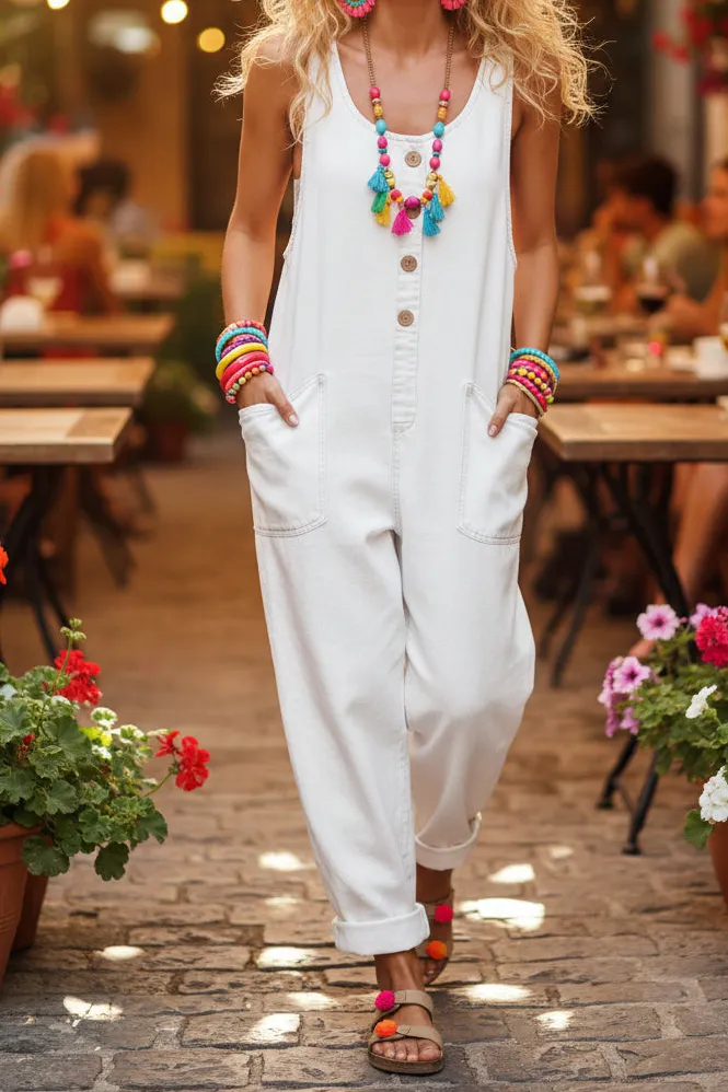 Women' Retro Buckle Jumpsuit Multi-Pocket Overalls