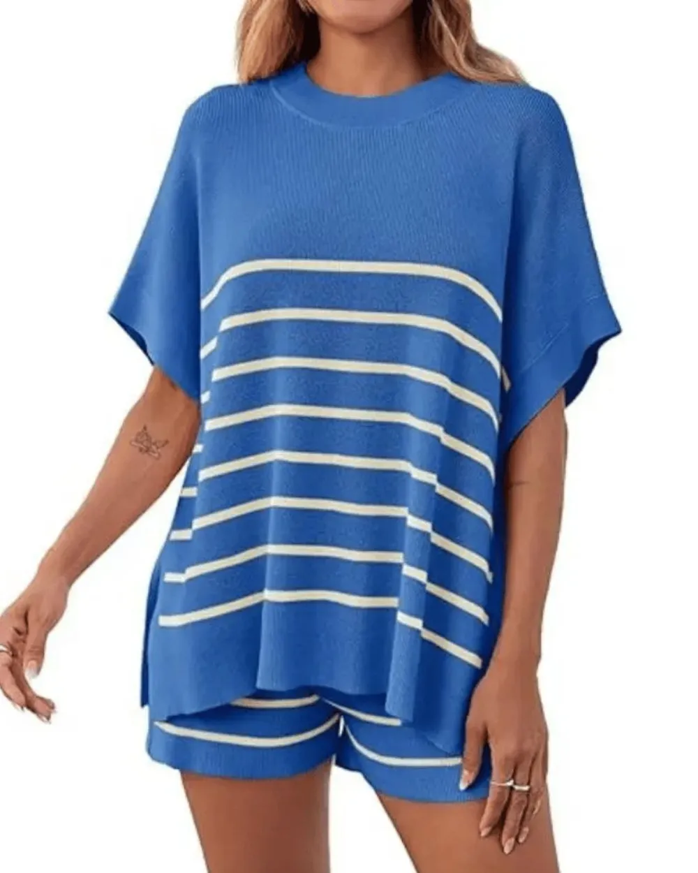 Striped Batwing Top and High-Waist Shorts Two-Piece Lounge Set