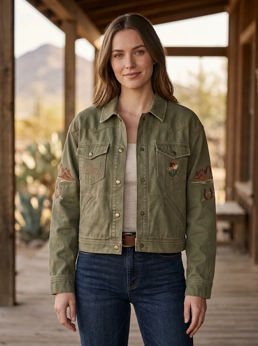 Women's Western Horseshoe Horse Desert Mountain Embroidered Jacket