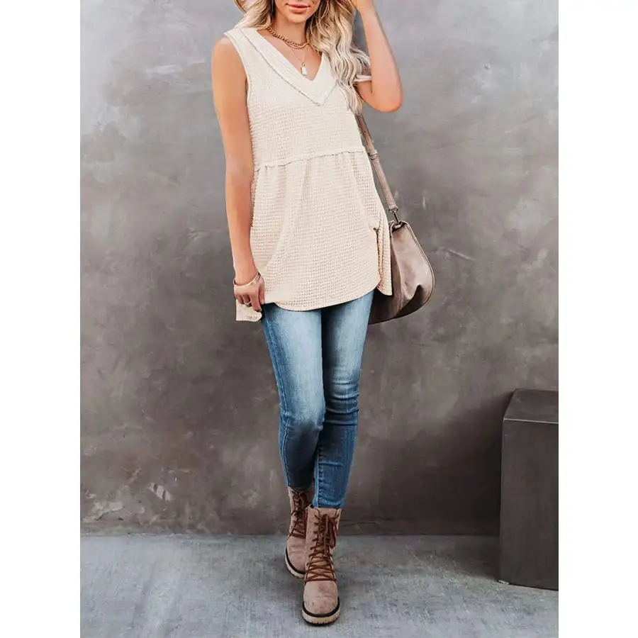 V Neck Waffle Knit Tank Top With