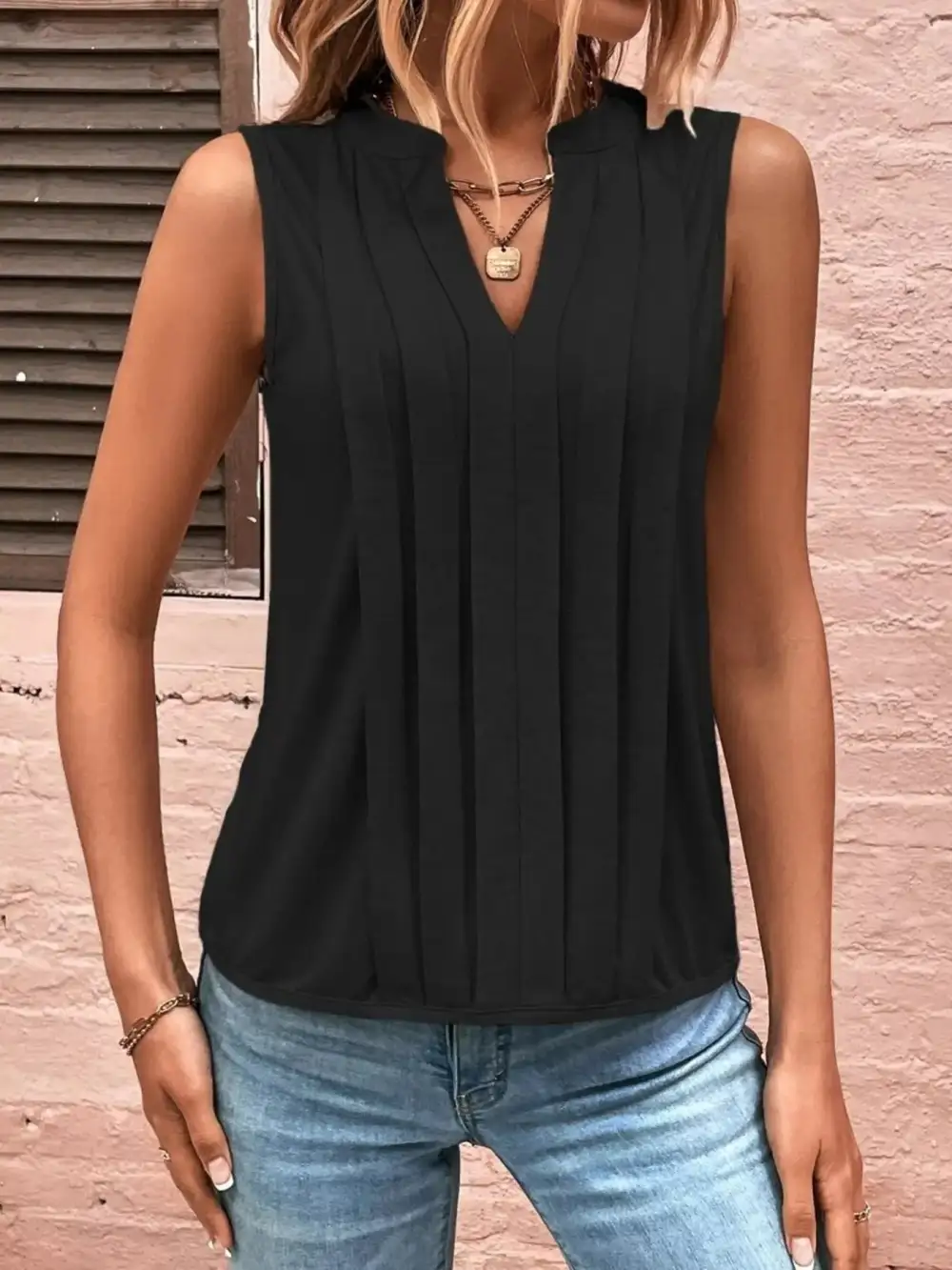 Sleeveless Pleated Notched Tank