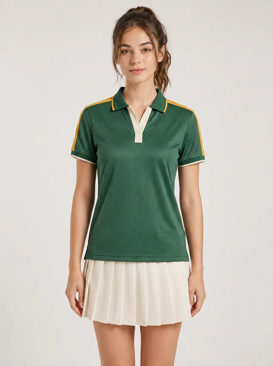 Women's Sporty Golf Green Yellow Striped Printed Polo Shirt