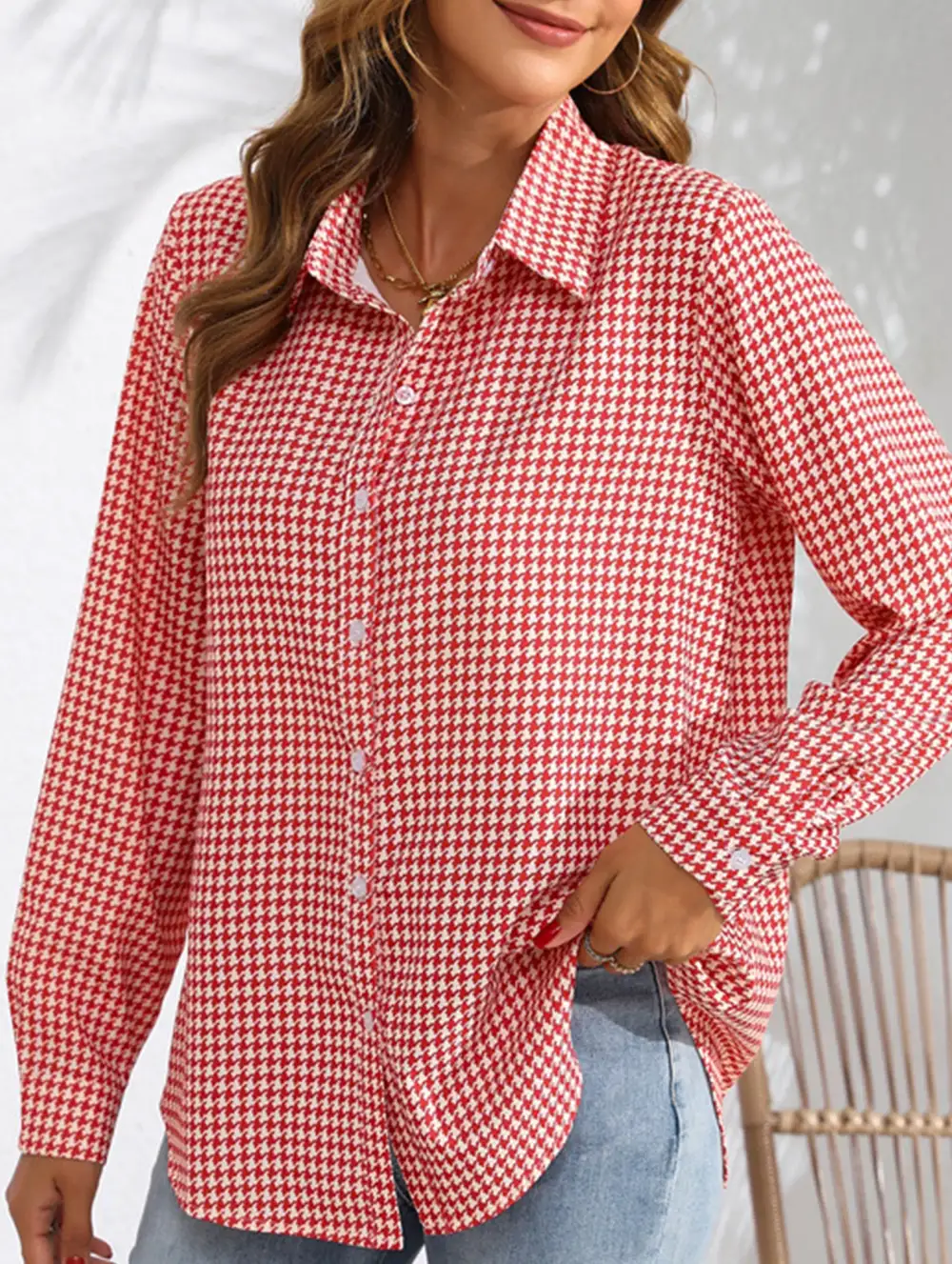 Plaid Loose Shirt with Collar Blouse