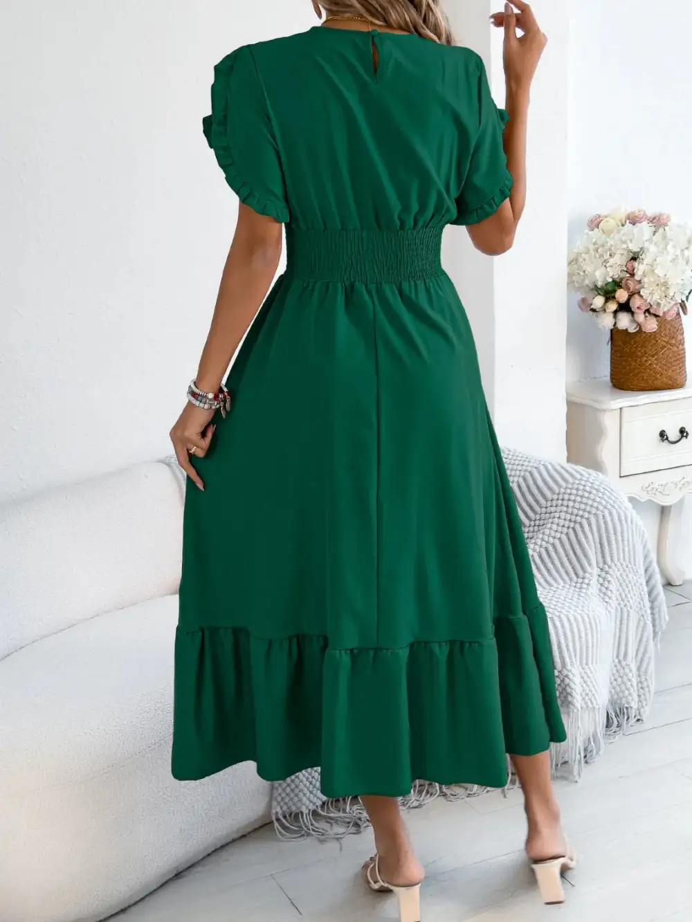 Crew Neck Ruffled Smocked Midi Dress