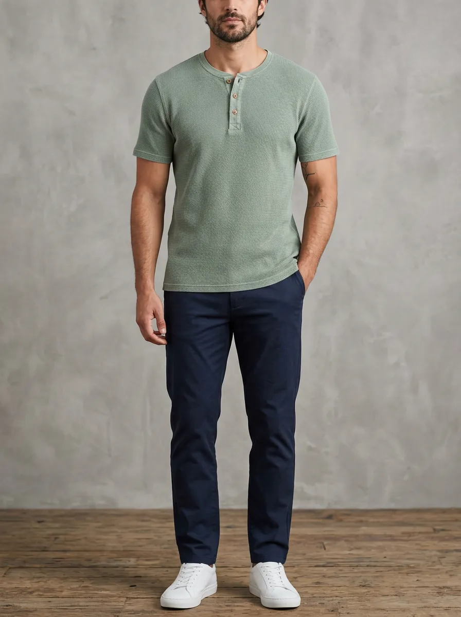 Button-Placket Textured Men's Short-Sleeve Henley Shirt