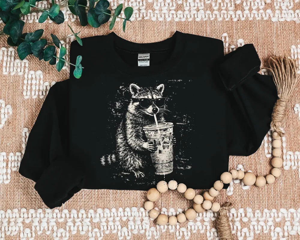 Raccoon Coffee Graphic Crewneck Sweatshirt