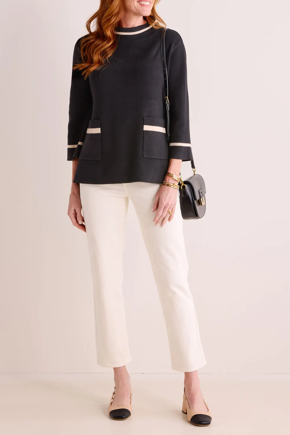 Black Mock Neck Patch Pockets Contrast Trim Sweater