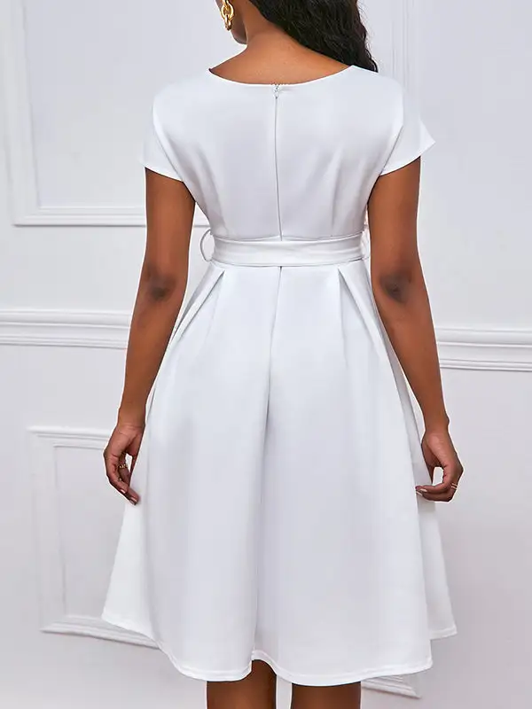 Bowknot Lace Up Solid Color V Neck Midi Dress