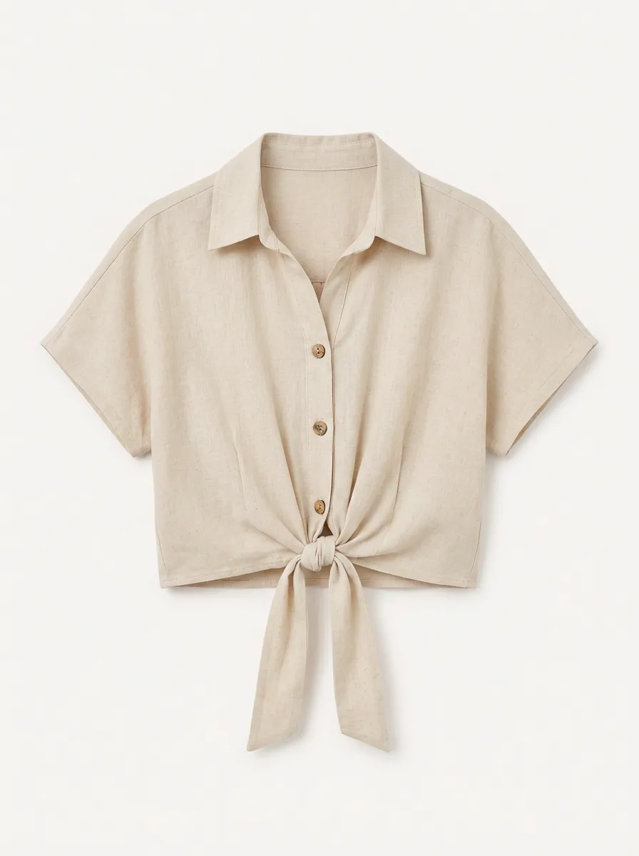 Women's Casual Beige Linen Blend Tie Front Button Up Shirt