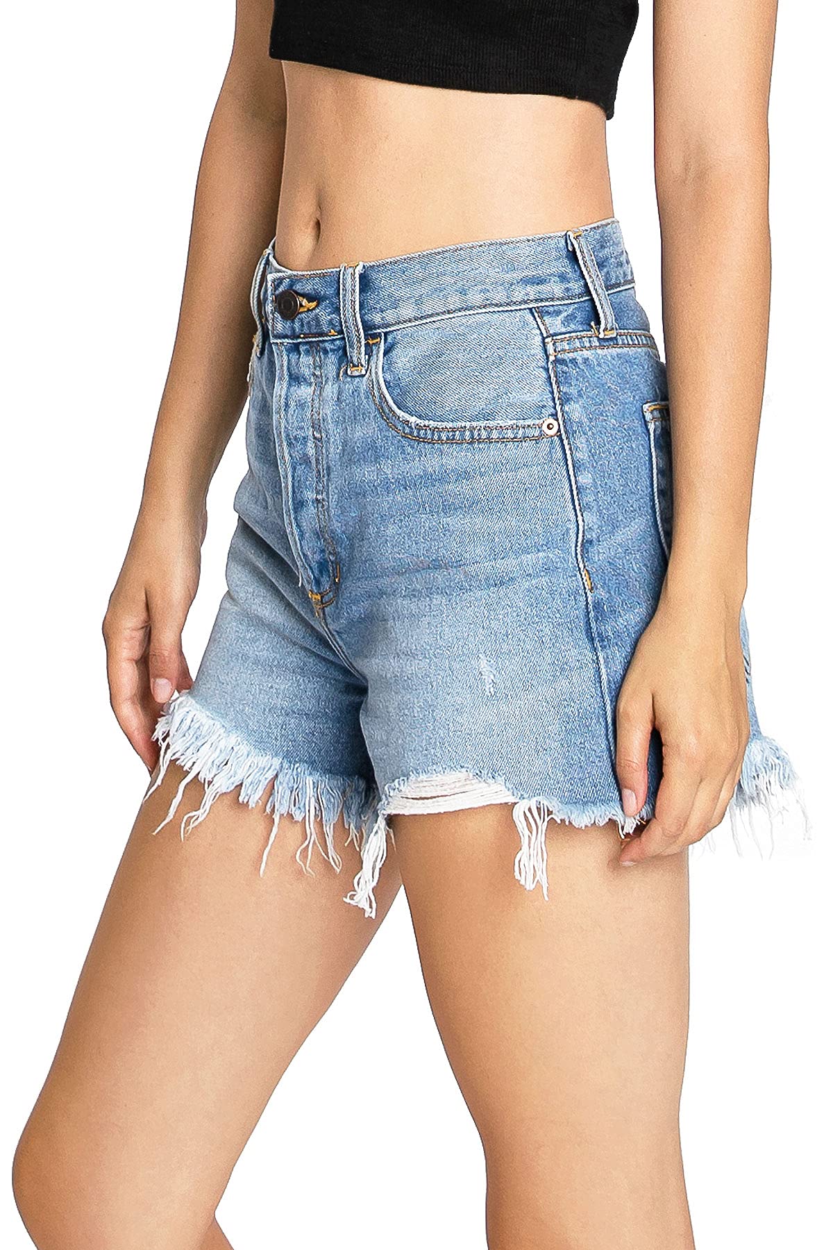 Light Blue Distressed High - Waist Denim Shorts