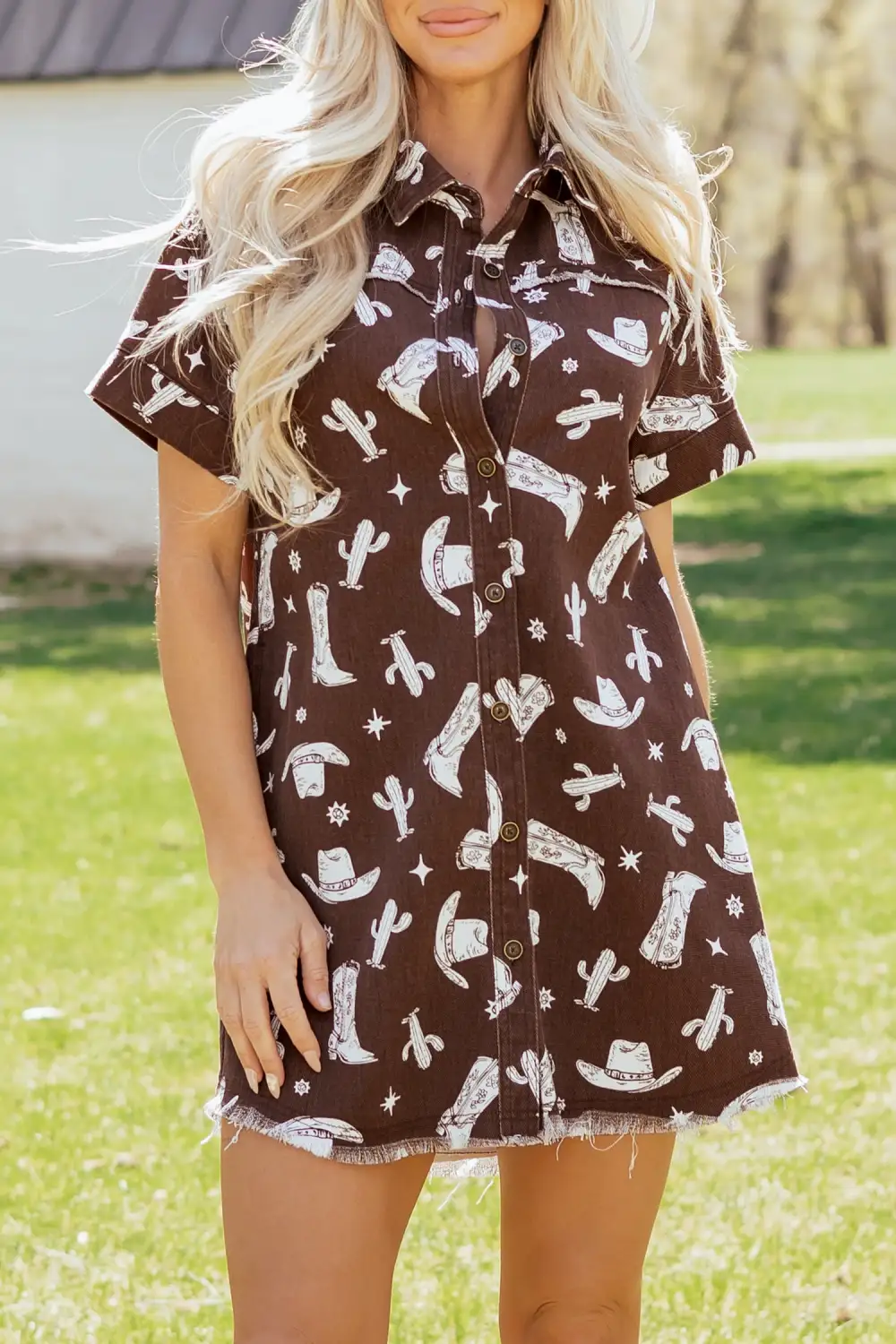 Printed Denim Button Front Dress Casual