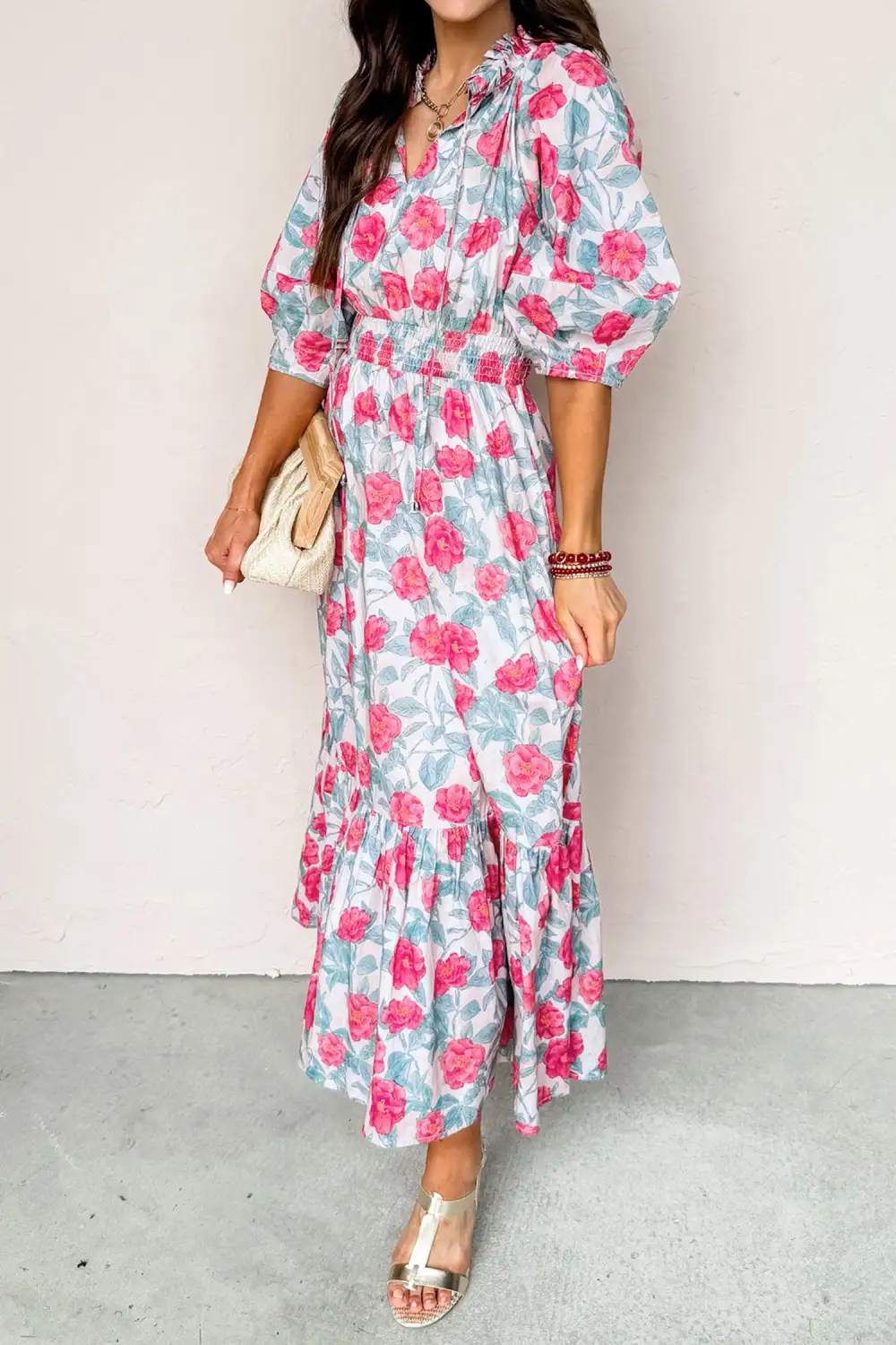 Comfort Fit Floral Puff Sleeve Midi Dress