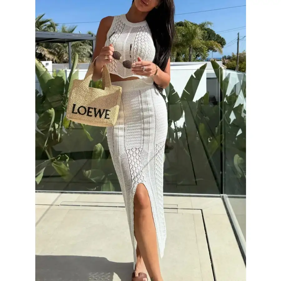Openwork Round Neck Top and Slit Skirt Sweater Set