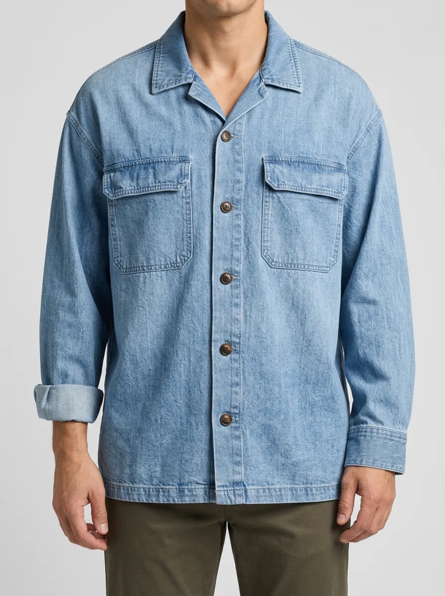 Denim Shirt with Vintage-Washed Texture and Buttoned Front