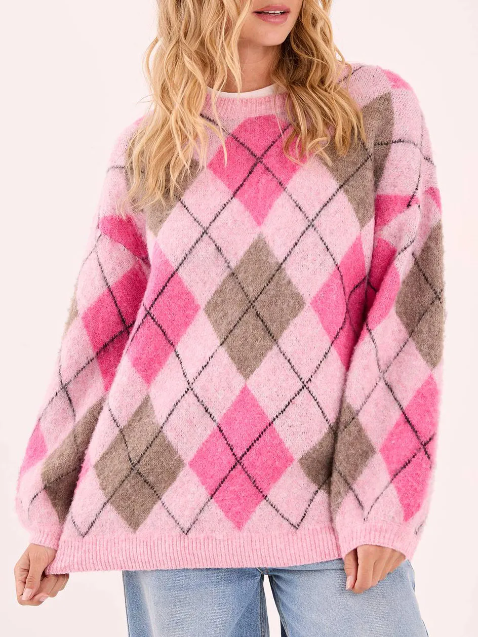 Women'S Sweet & Edgy Contrast Argyle Knit Sweater
