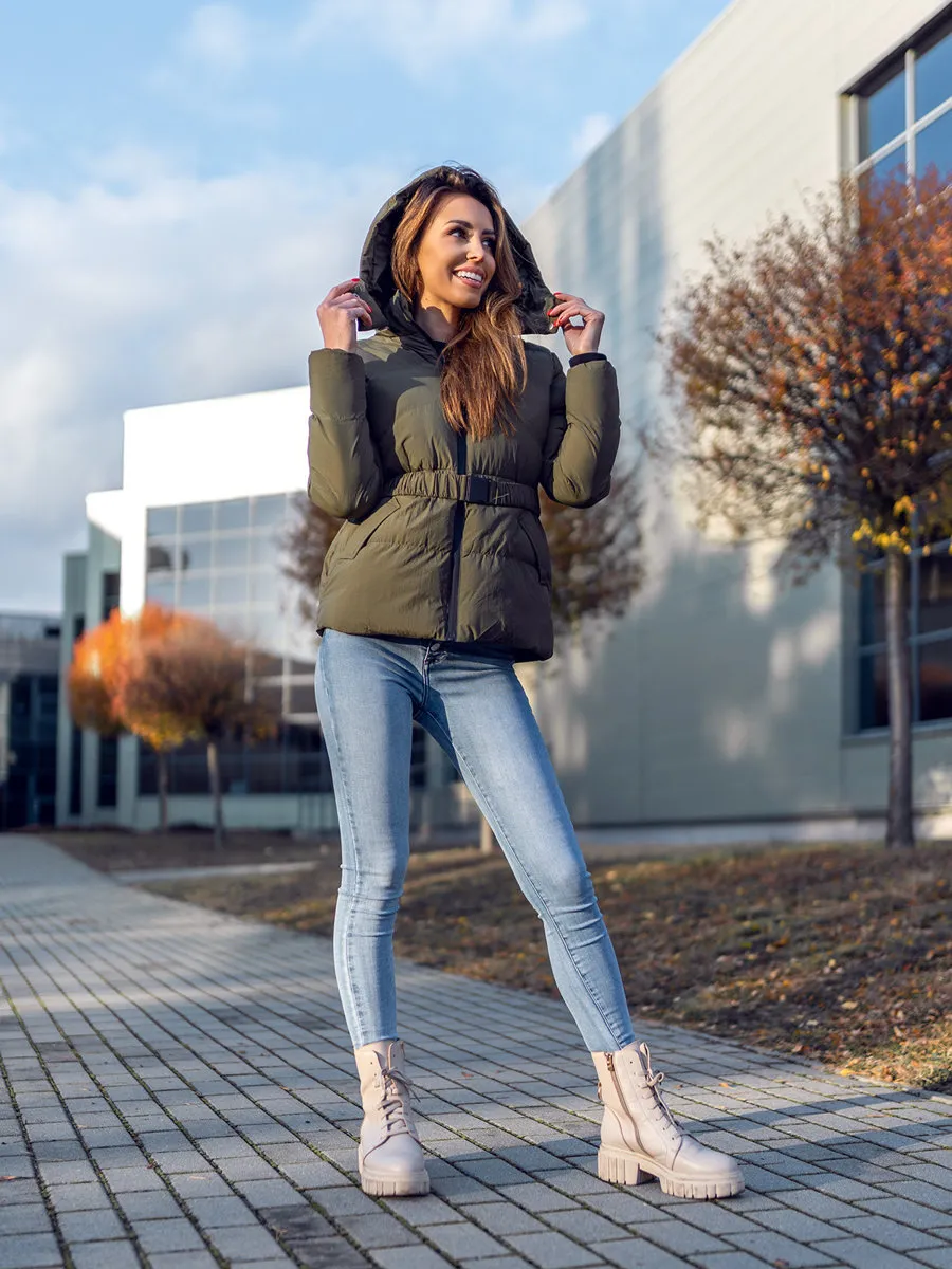 Khaki women's quilted winter jacket with hood