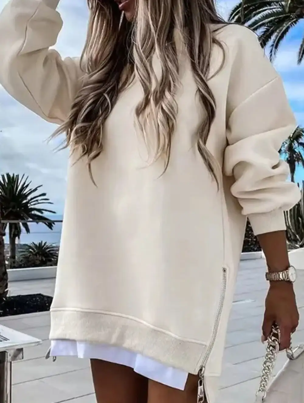 Side Zip Patchwork Pullover Sweatshirt