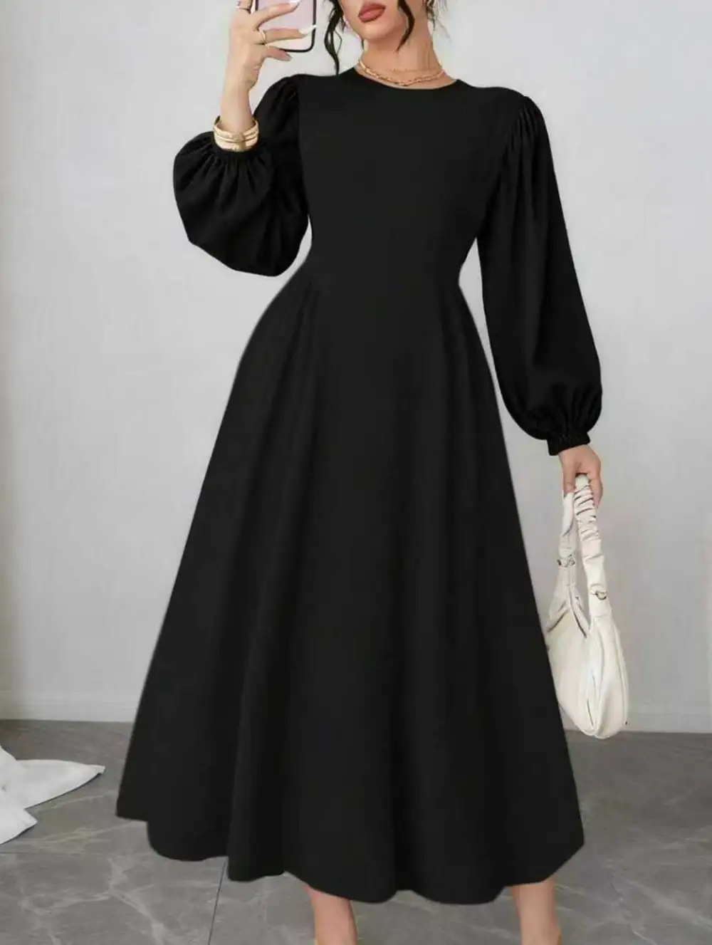 High-Waisted Round Neck Simple Puff Sleeve Dress