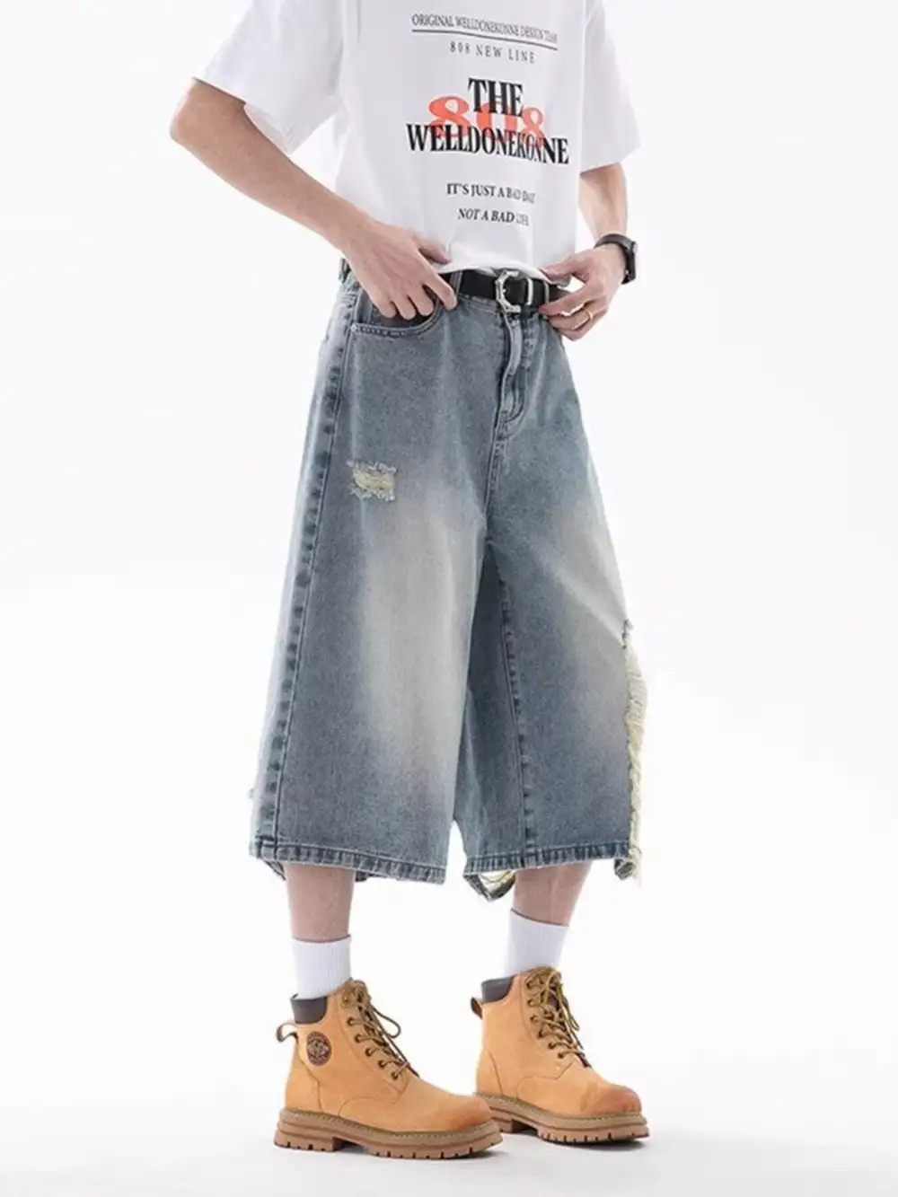 Men's Full Size Ripped Wide Leg Denim Shorts