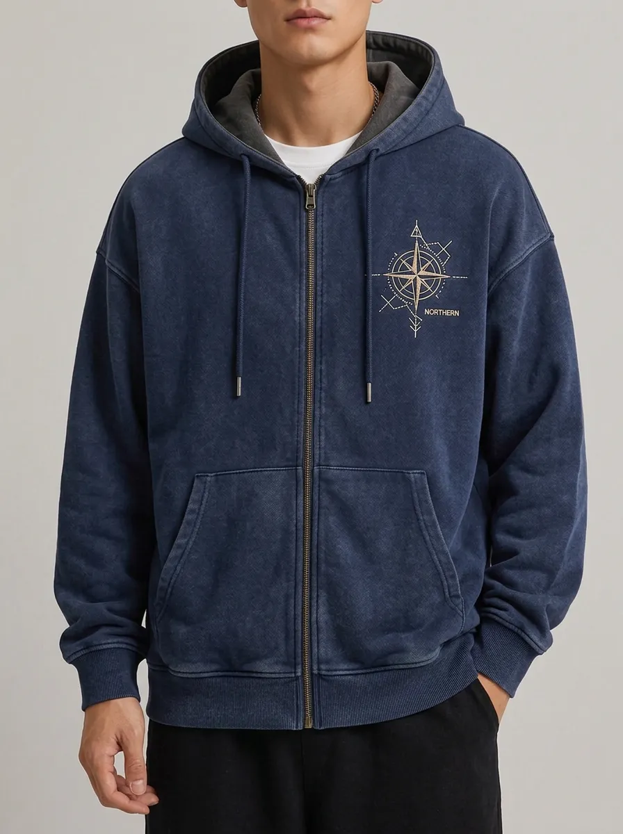 Men's Nautical Adventure Northern Compass Printed Zip-up Hoodie
