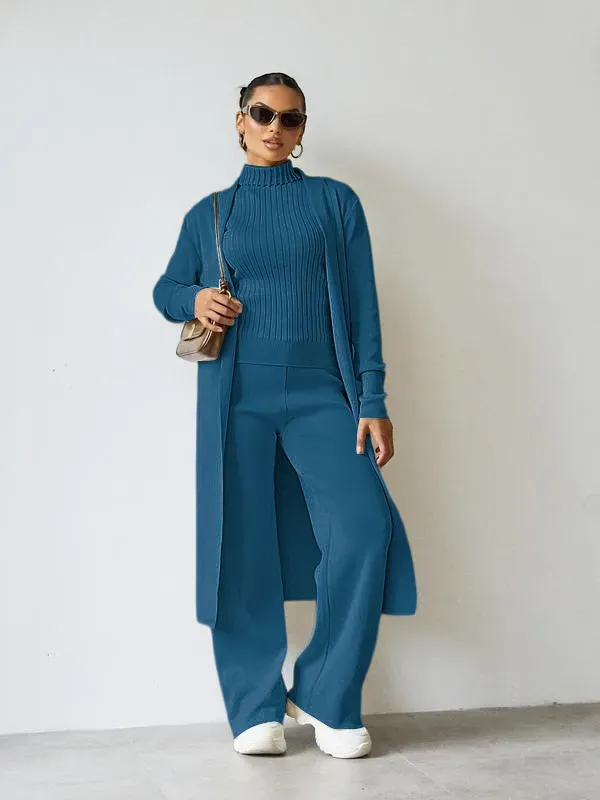 Trendy Knit Turtle Neck Tank & Wide Leg Trousers With Open-Front Long Cardigan Three-Piece Sets