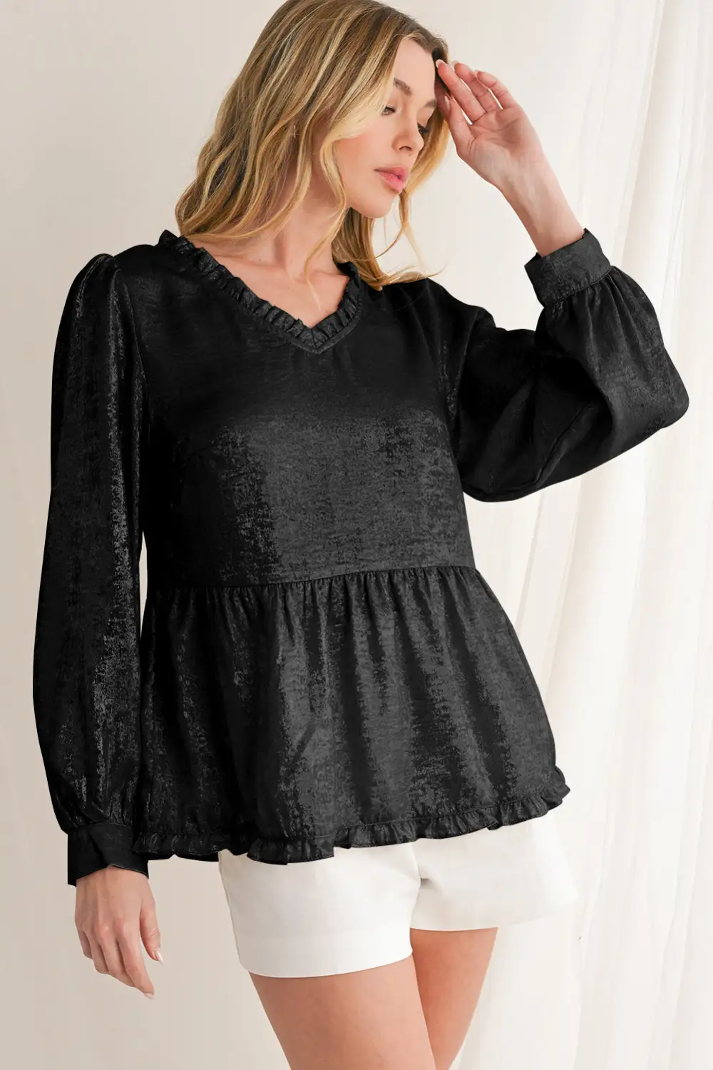 Layered Velvet Frilled Puff Sleeve Blouse