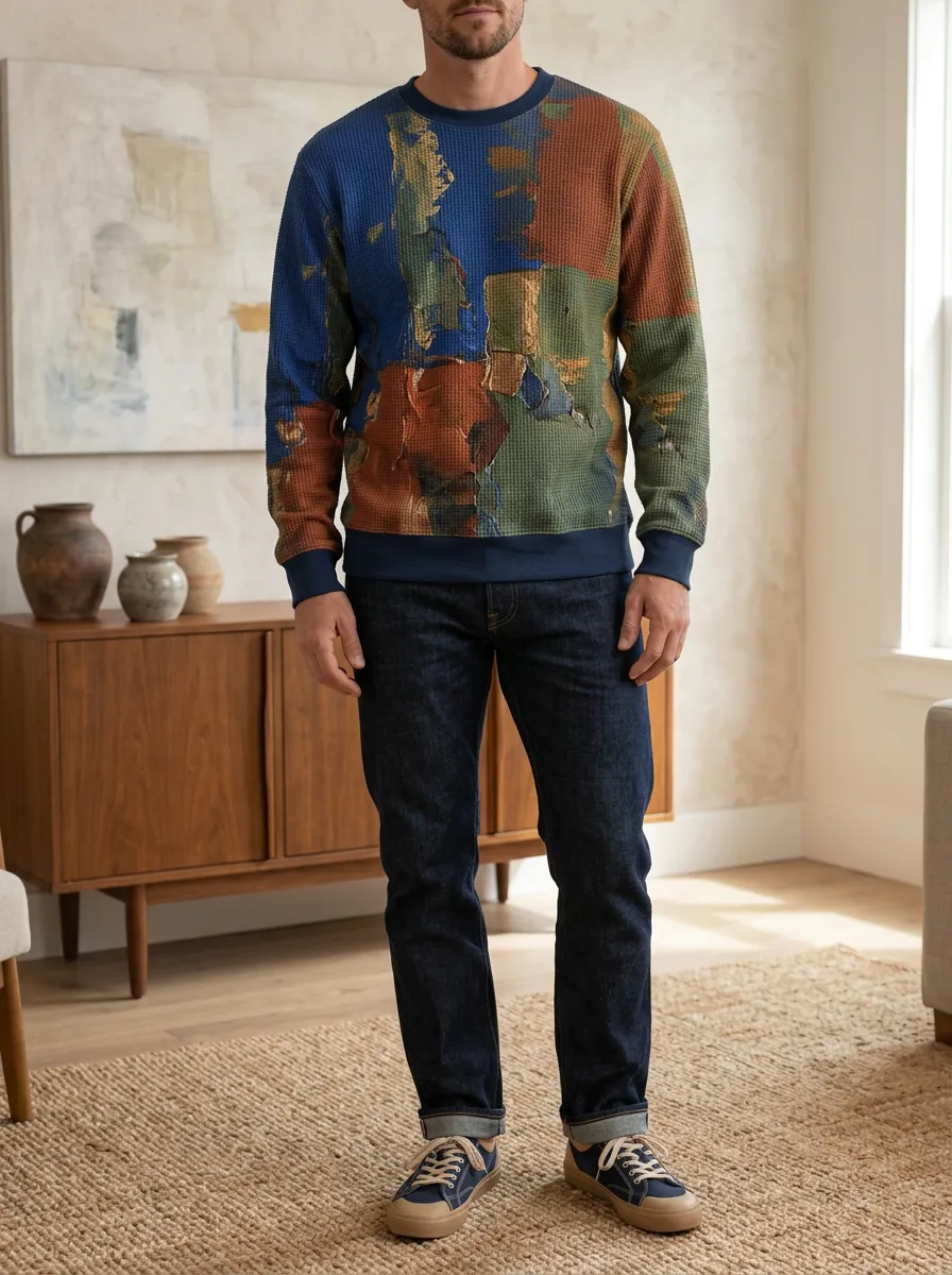 Men's Multi-Color Abstract Waffle Crewneck Pullover Sweatshirt