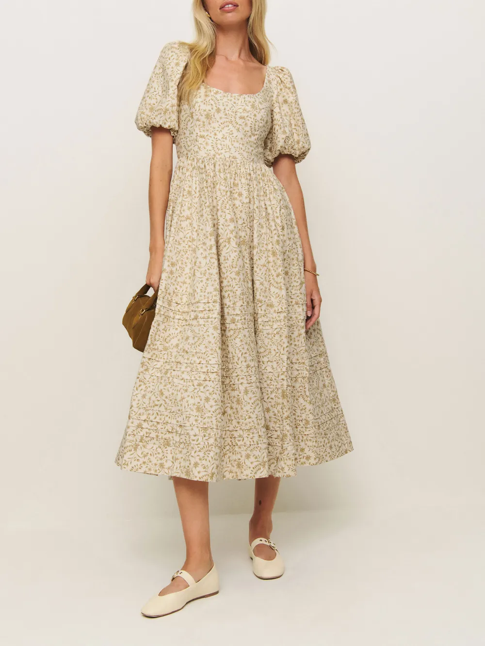 Puff Sleeve Square Neck Midi Dress