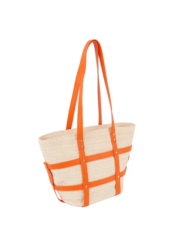Woven Pocketed Faux Leather Tote Bag