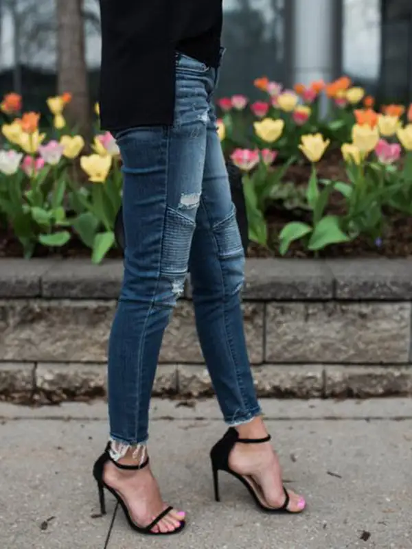 Distressed Stretch Pleated Denim Jeans
