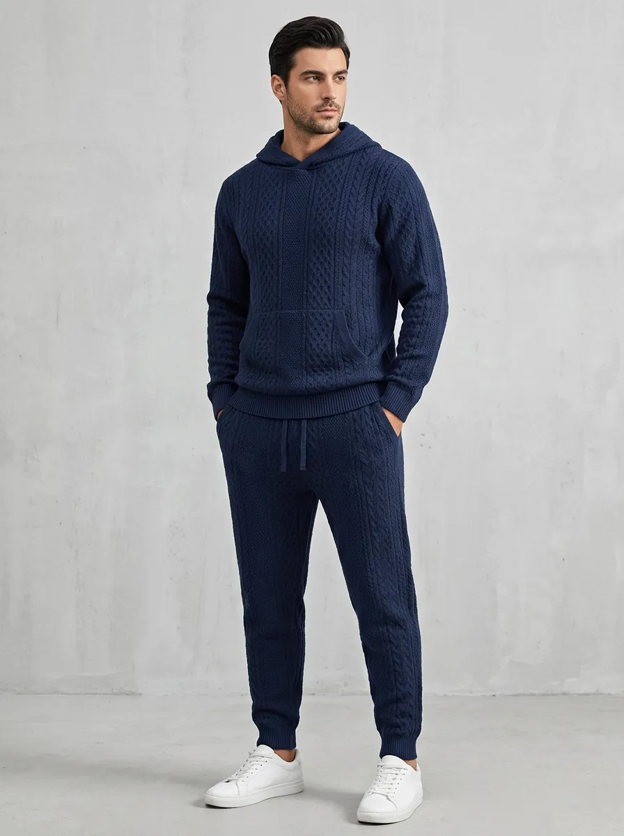 Cable-Knit Men's Knit Hoodie Jogger Set